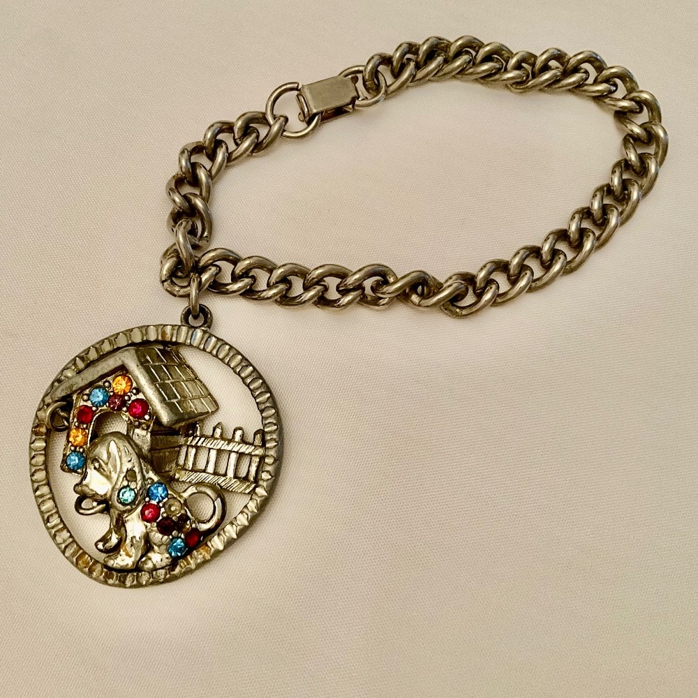 Silver Tone Puppy and Dog House Bracelet With Chain Movement Vintage